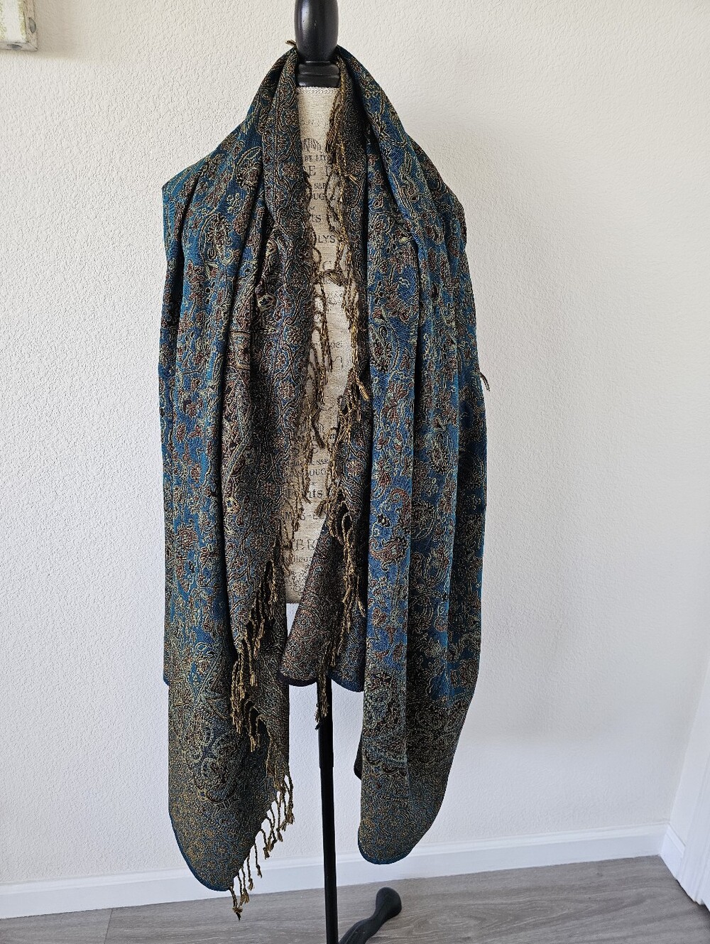 Oversized Teal & Gold Paisley Jacquard Shawl | 86x96 Bohemian Pashmina Wrap